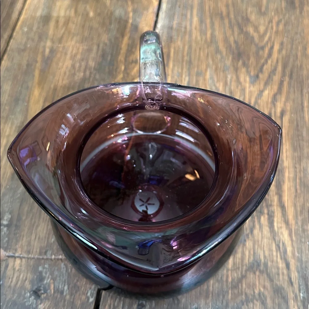 Vintage Hand Blown Amethyst Glass Pitcher Vase Applied Clear Handle Art Glass